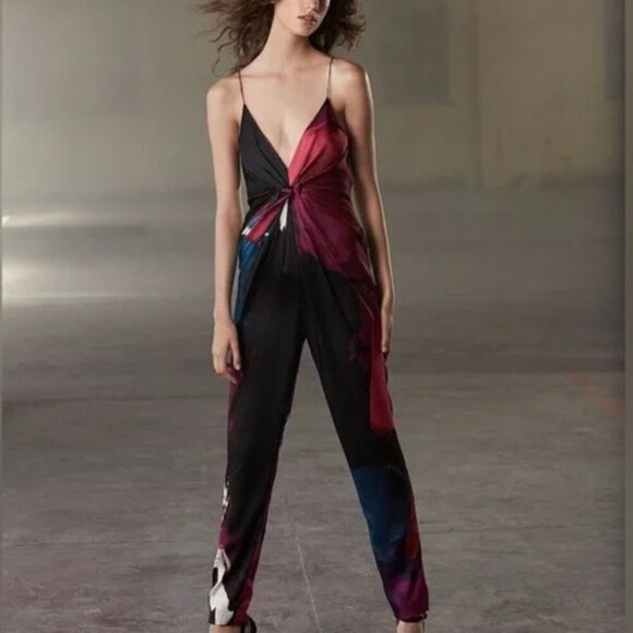 DVF Rylen Stretch Silk Print Sleeveless Spaghetti Strap Jumpsuit - Size 4 - Picture 1 of 7